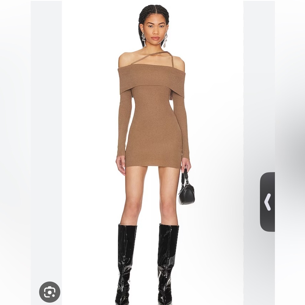 NBD Petra MiniOff the Shoulder Sweater Dress in Tan, Size S